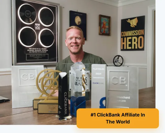 Robby Blanchard holding ClickBank top affiliate awards, creator of Telehealth Profits